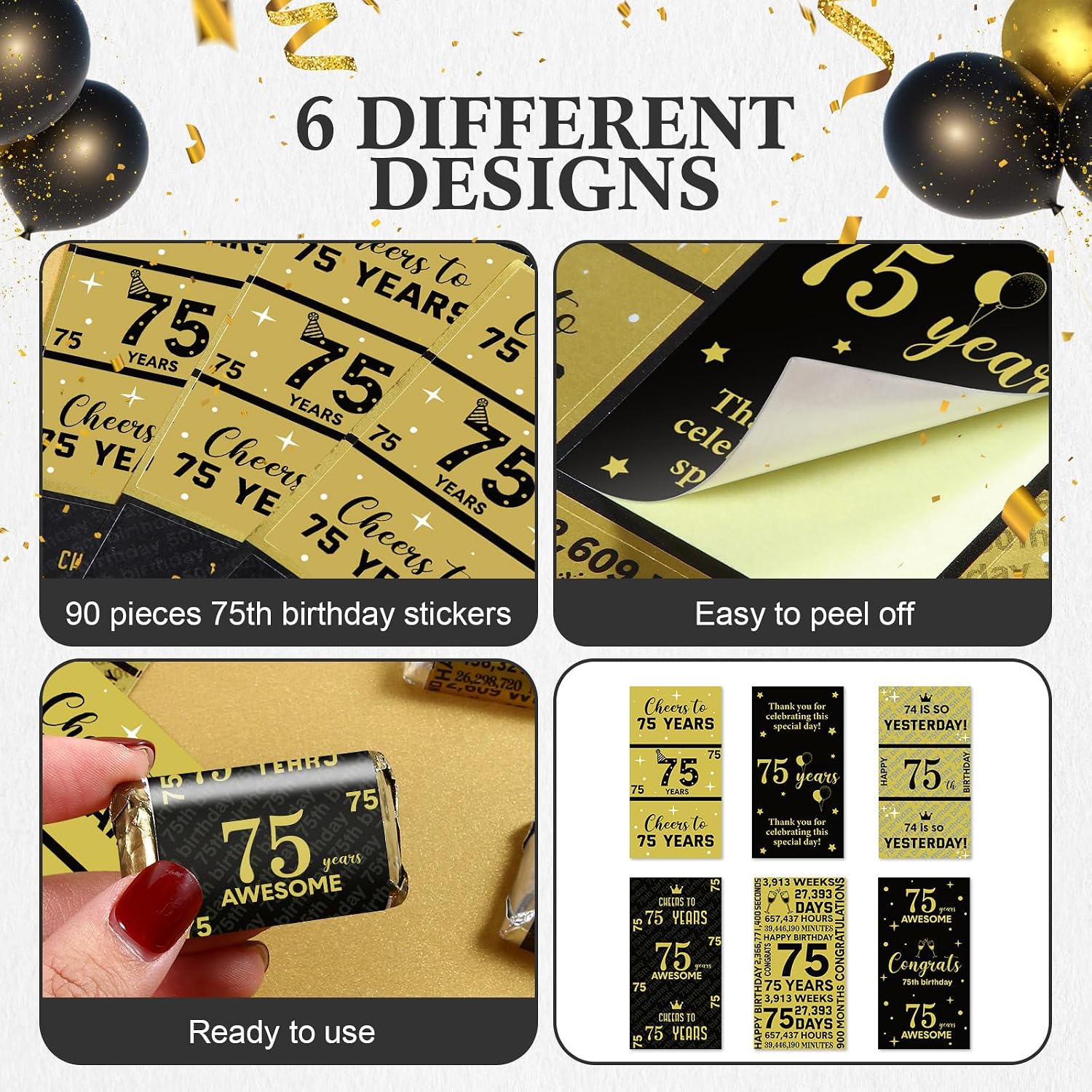 Tenare 90 Pcs 75th Birthday Candy Wrappers, Black and Gold Stickers