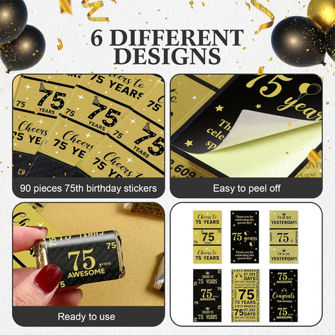 Tenare 90 Pcs 75th Birthday Candy Wrappers, Black and Gold Stickers