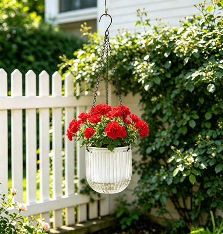 Melphoe 2 Pack Self Watering Hanging Planters Indoor Flower Pots, 5.3 Inch Outdoor Hanging Basket, Plant Hanger with 3Hooks Drainage Holes for Garden Home (White)