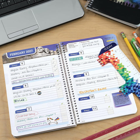 Global Datebooks 2026-2027 Middle & High School Student Planner 5.5" x 8.5" - Dated Weekly & Monthly Academic Planner with Ruler/Bookmark & Stickers, Ideal for Homework, Block Style, Galaxy