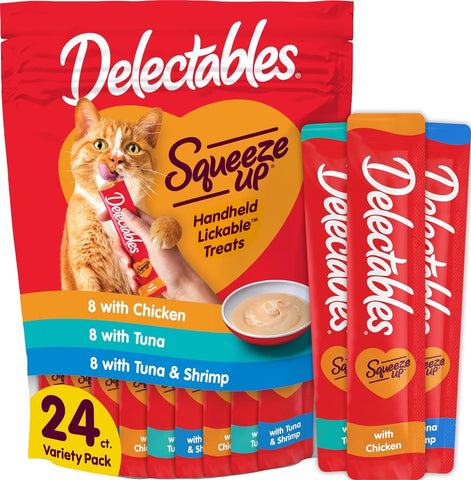 Delectables Squeeze Up Variety Pack, Creamy Squeezable Puree, Lickable Wet Cat Treats, Grain Free, No Added Fillers, No By-Products, No Added Preservatives, 0.5 Ounces Tube, 24 Tubes Total