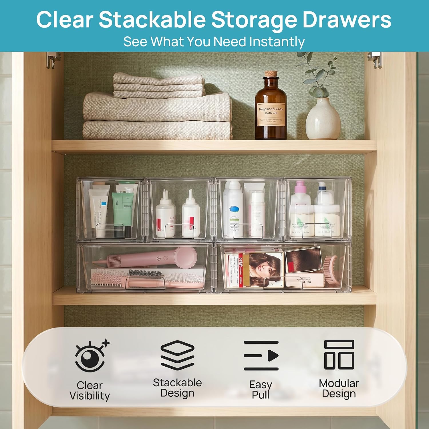 Vtopmart Clear Stackable Storage Drawers, 3 Pack Wide Organizer Set