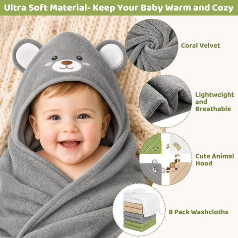 12 PCS Baby Bath Towels Set for Infants Toddlers Essentials (Deep Green, White, Grey, Brown)