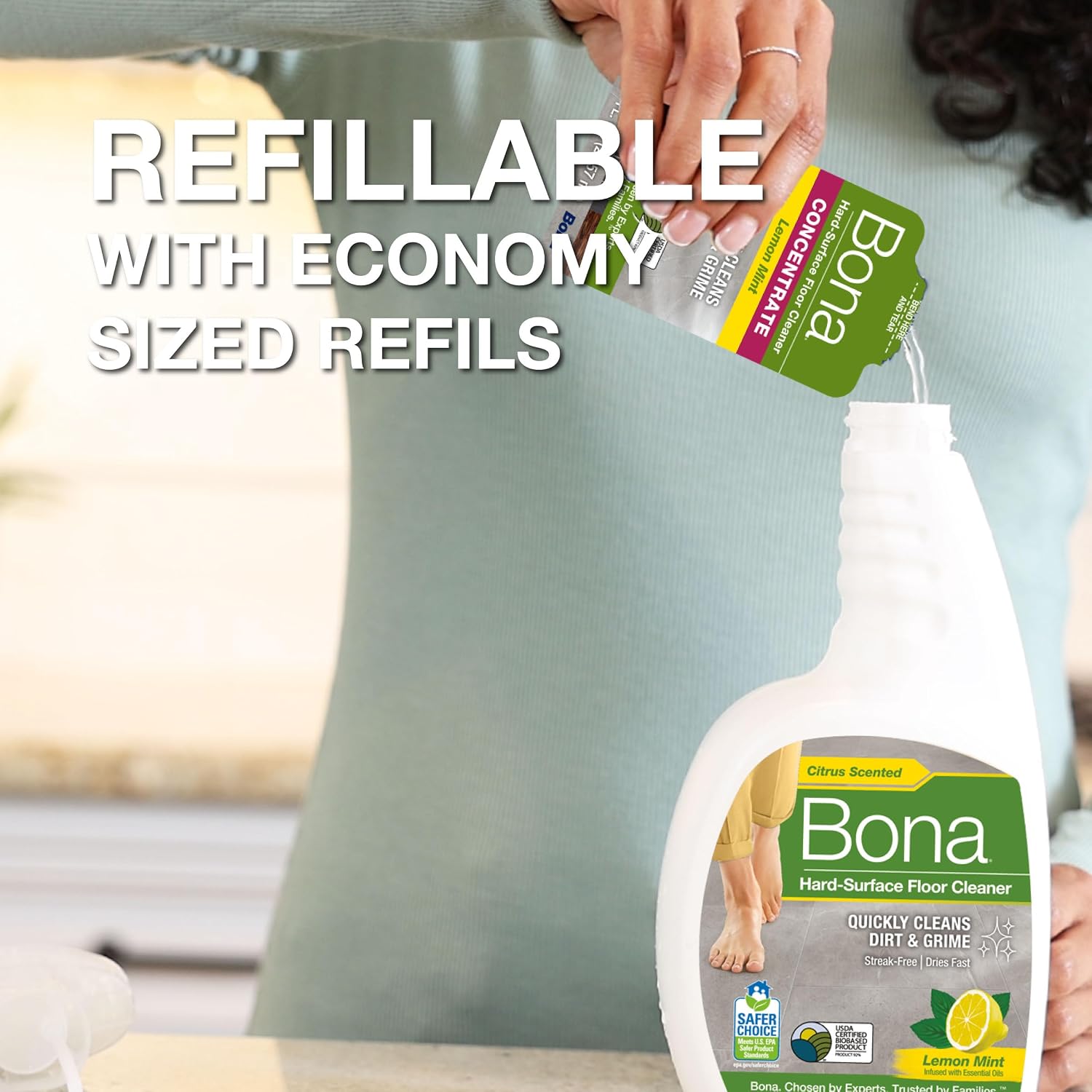 Bona® Multi-Surface Floor Cleaner Spray - 32 fl oz - Lemon Mint - Includes Filled Bottle + Concentrate Refill for Multi-Surface Floor Cleaning