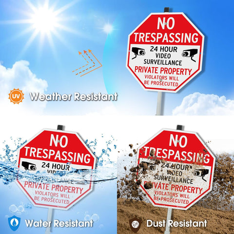 T&R Large No Trespassing Private Property Sign Video Surveillance Sign with 36" Stake for Outside - 4 Pack - 12"x12" .040 Rust Free Heavy Aluminum, Reflective, Waterproof, Weatherproof, 4 pre-drilled holes,Includes Matching Screws & Wrench, Easy to Mount