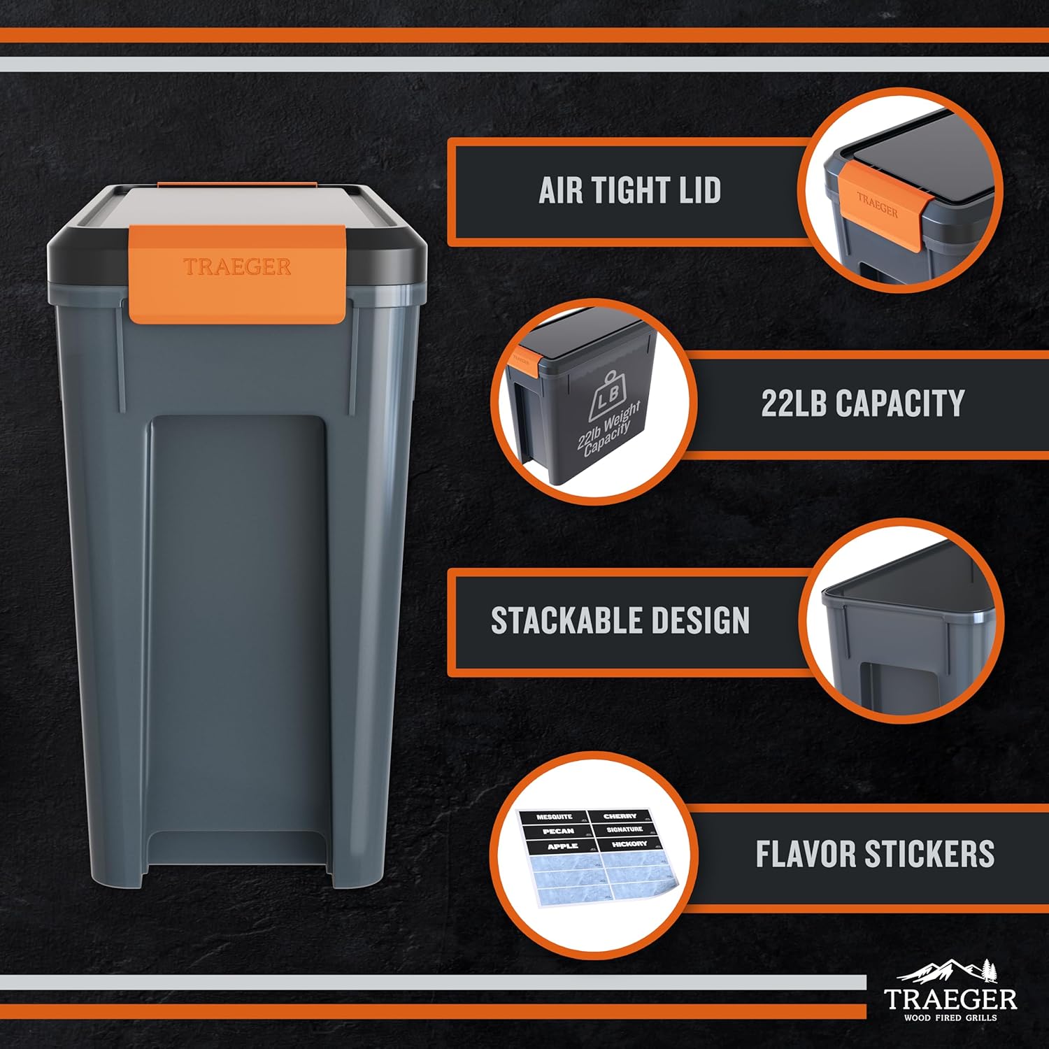 Traeger Grills BAC637 Stay Dry Pellet Storage Bin, 22lb, Locking Lid