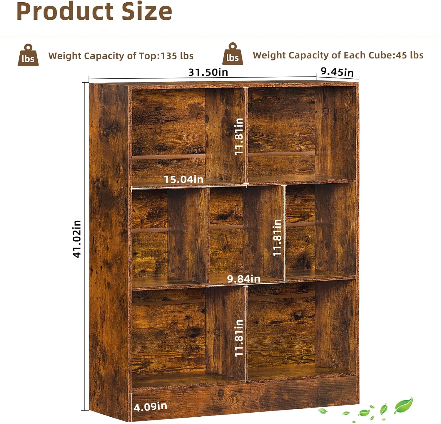 LEYAOYAO 7 Cube Bookshelf with Base,3 Tier Mid-Century Modern Brown Bookcase,Standing Wide Bookshelves Storage Organizer Shelf,Rustic Wood Display Cabinet Book Shelves for Bedroom,Living Room,Office