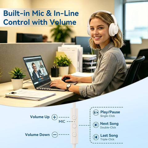 USB C Wired Over Ear Headphones for School with Mic, Volume Control, Beige