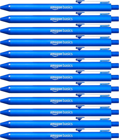 Amazon Basics Retractable Ballpoint Pens with Comfortable Grip for Smooth Writing, Blue Ink, Office and School Supplies, 12-Pack