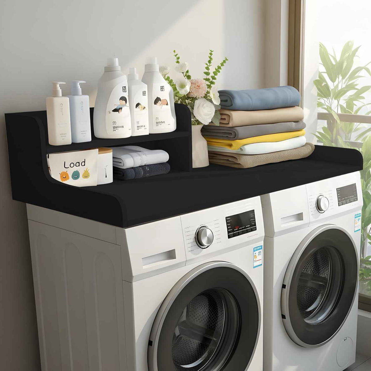 Washer Dryer Countertop with Shelf, 2 Tier Laundry Countertop Organizer, Wooden Washer and Dryer Topper with Raised Edge for Folding, Sorting & Storage Black 28" D x 58" W x 12" H