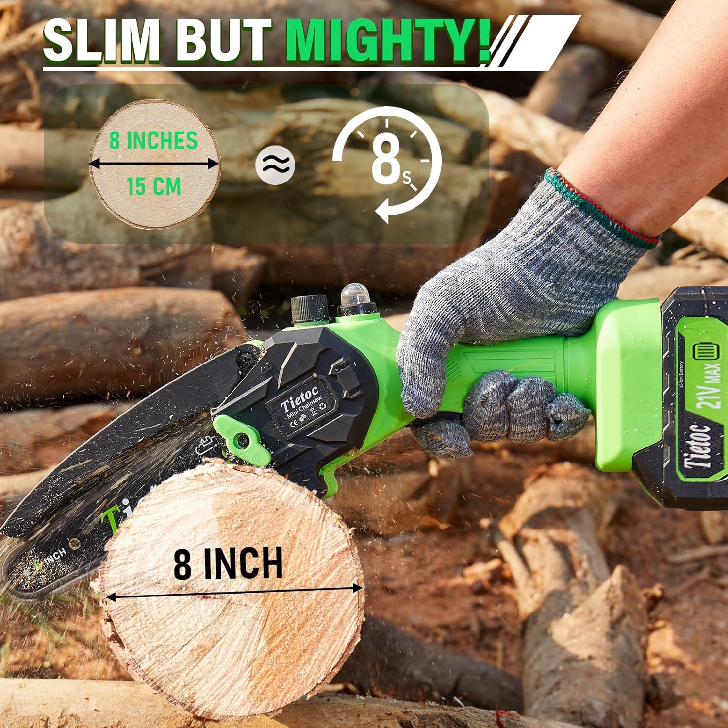 Tietoc Mini Chainsaw 8 inch Cordless with 2x 4000mAh Batteries, Battery Powerd Chain saw with Oiler, Lightweight Handheld Saw for Hous