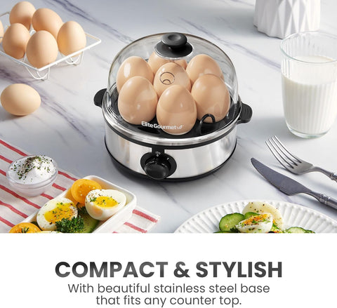 Elite Gourmet EGC724SS Egg Boiler Cooker, 7-Egg Poacher/Omelet Maker, Steel