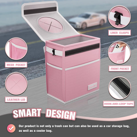 K KNODEL Car Trash Can with Lid, Car Garbage, Bin and Bag (Pink, Large)