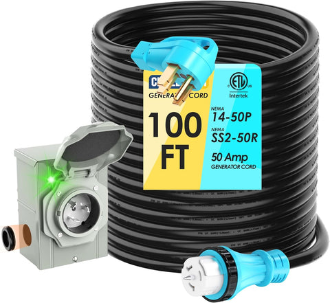 50 Amp 100FT Generator Cord and Power Inlet Box Combo Kit