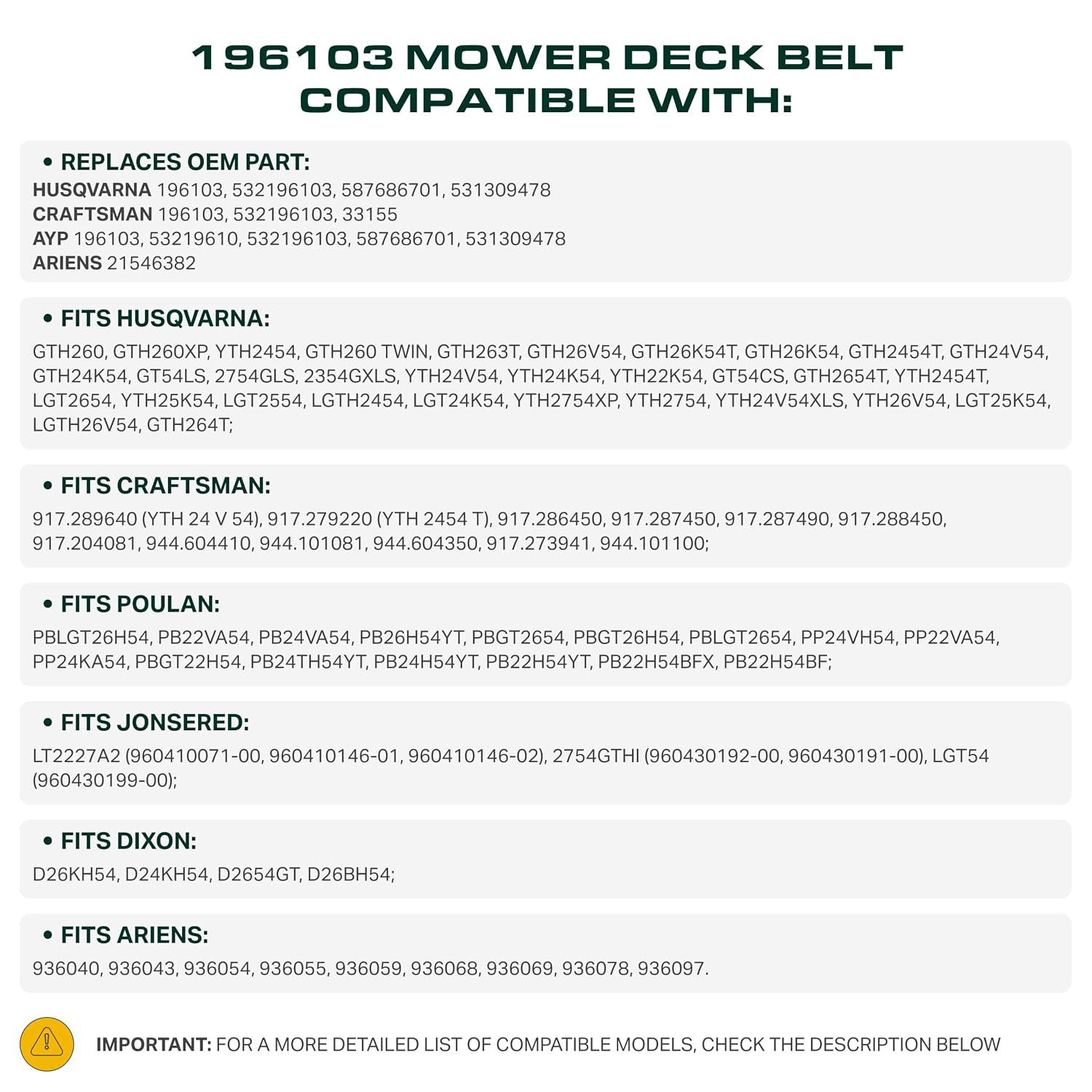 UDC Parts 196103 Mower Deck Belt Replacement for Husqvarna 54 Inch, Aramid