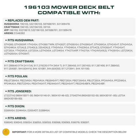 UDC Parts 196103 Mower Deck Belt Replacement for Husqvarna 54 Inch, Aramid
