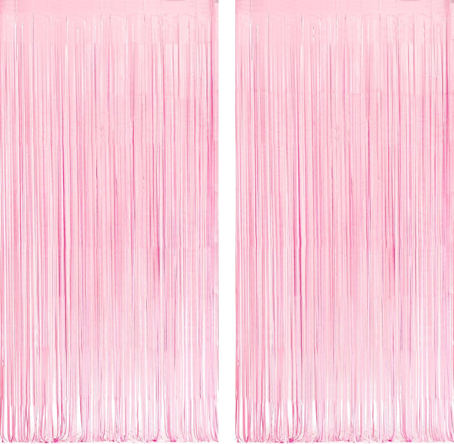Pastel Pink Party Backdrop Decoration - GREATRIL Baby Pink Foil Fringe Streamers for Baby/Boo Day/Valentines/Cowgirl/Sweet/Cloud/Unicorn/Princess/Bow Themed - 3.2ft X 8.2ft - 2 Packs