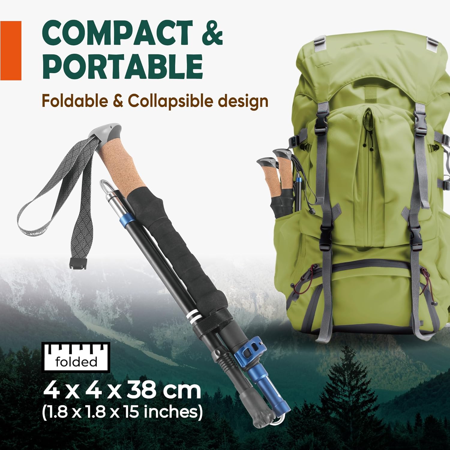 Trekology Trek-Z Cork Grip Collapsible Lightweight Hiking Trekking Poles