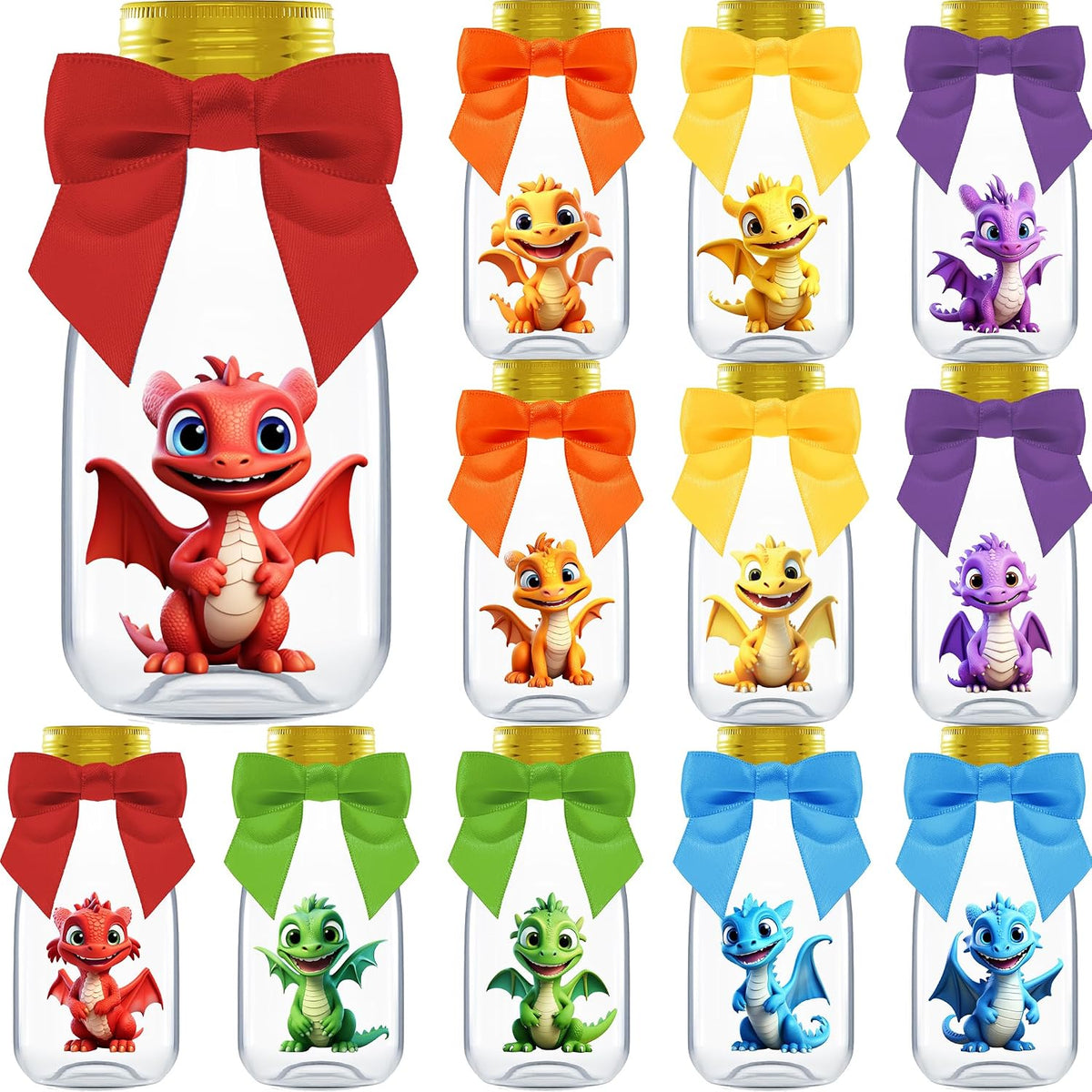 Ethisa Small 12 Pack Baby Dragon Party Favors - Candy Jars with Ribbons and Stickers - DIY Party Decoration Bottle for Birthday and Baby Shower - Egg Container