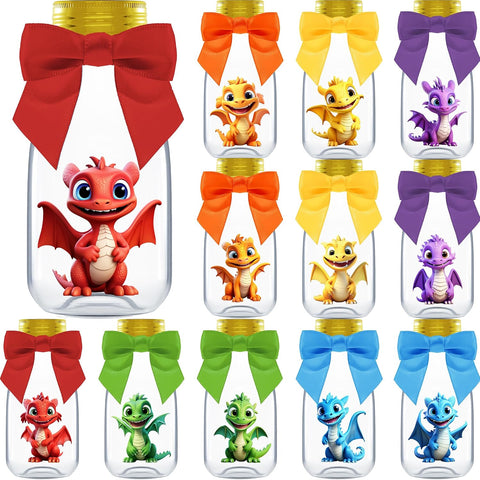 Ethisa Small 12 Pack Baby Dragon Party Favors - Candy Jars with Ribbons and Stickers - DIY Party Decoration Bottle for Birthday and Baby Shower - Egg Container