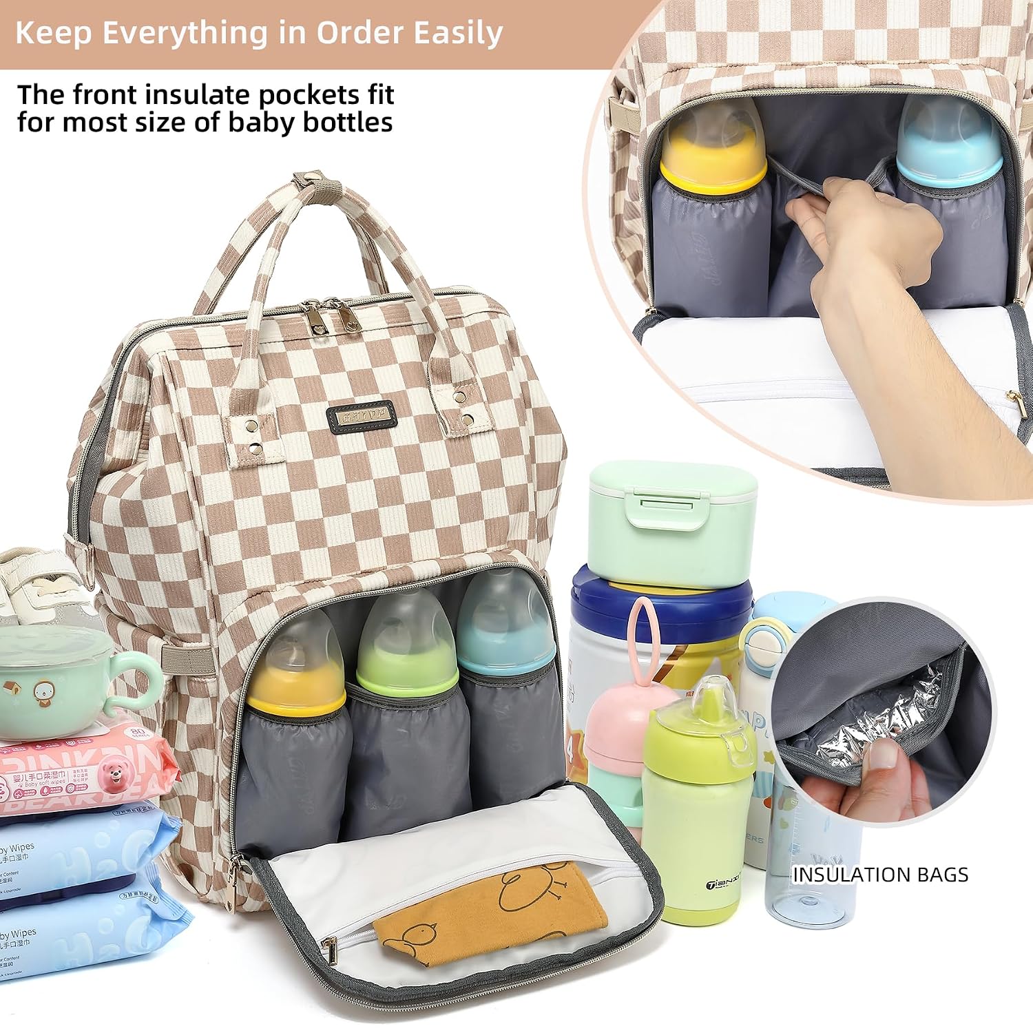 GAIVP Baby Diaper Bag Backpack for Mom, Large Capacity Travel Nappy Bag for Boys & Girls with Stroller Straps,Insulated Pockets (Corduroy Checkered Brown)