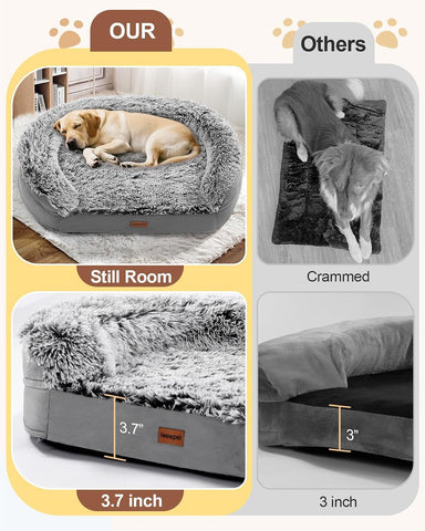 iweepet Fluffy Calming Jumbo Orthopedic Dog Beds for Extra Large Dogs, Supportive Dog Sofa Bed with 3.7 inch 28D Egg-Crate Foam, Removable Washable Plush Cover, Waterproof Lining, 48’’,Grey
