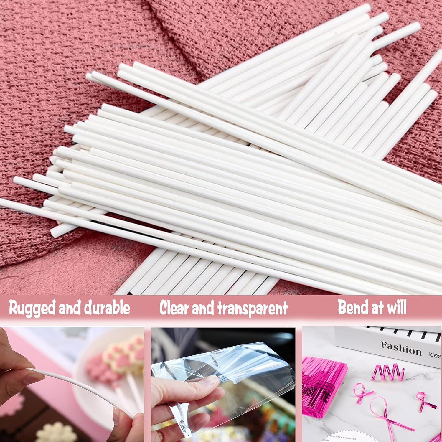 Basquei Cake Pop Sticks 6 Inches, Cake Pop Bags (3.9"X4.7"), Pink Metallic Twist Ties, 300 Pcs Cake Pop Kit Used for, Lollipops Cake, Candies, Chocolates Making Tools
