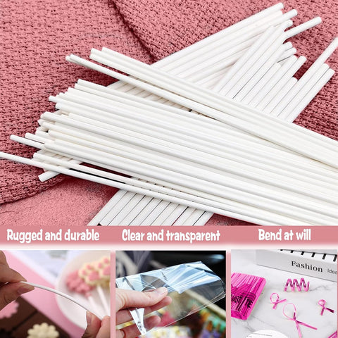 Basquei Cake Pop Sticks 6 Inches, Cake Pop Bags (3.9"X4.7"), Pink Metallic Twist Ties, 300 Pcs Cake Pop Kit Used for, Lollipops Cake, Candies, Chocolates Making Tools