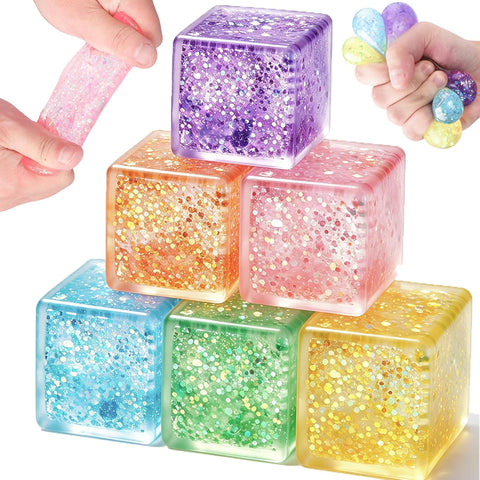 6 Pack Ice Cube Squishy Stress Balls, Glitter Fidget Cube Squeeze Toys for Kids Adults, Slow Rising Sparkly Sensory Squish Blocks, Party Favors, Goodie Bag Fillers