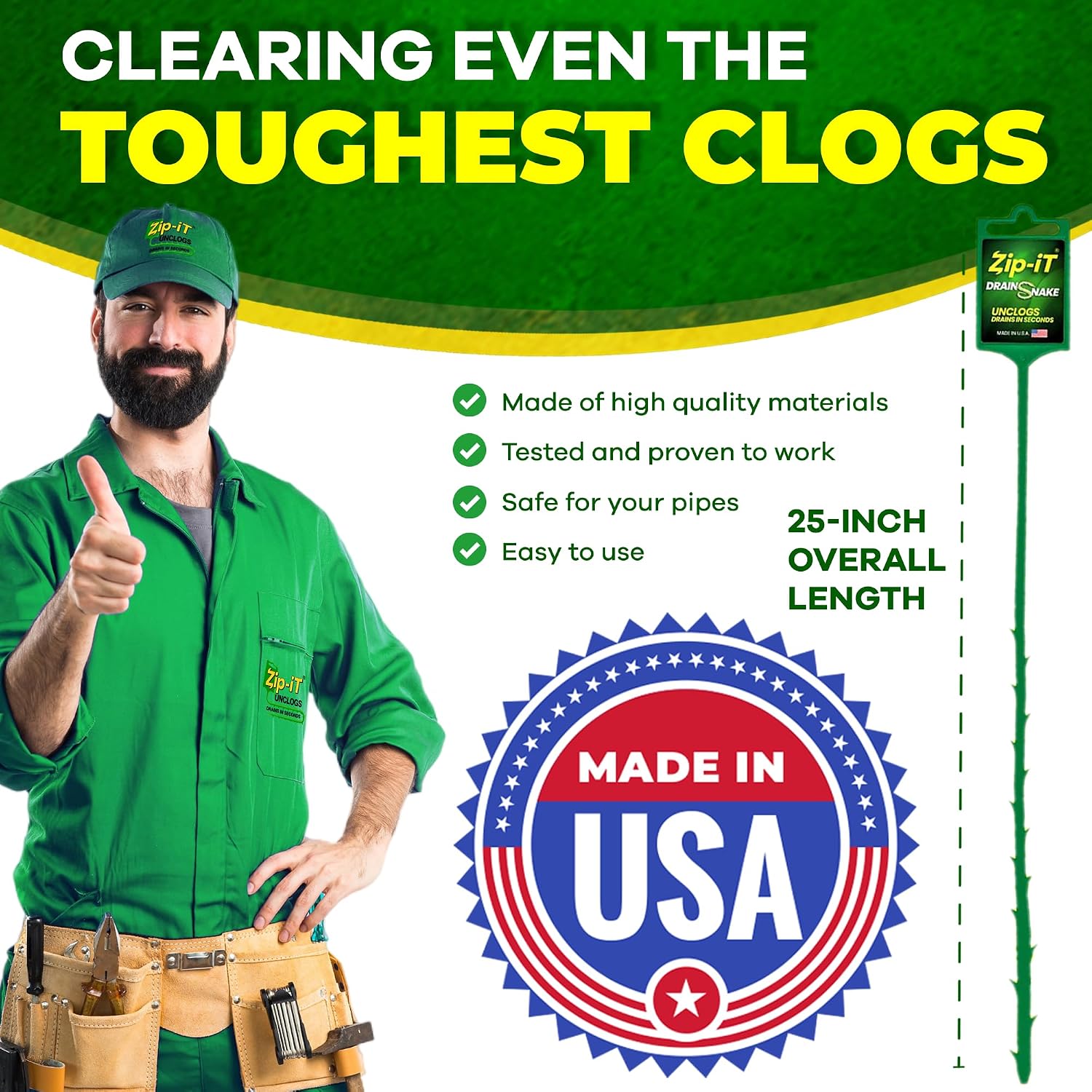 The original Zip-It Hair Clog Remover 25-inch Overall Length Drain Snake Cleaner (3-Pack), Unclog Your Sink, Shower, & Tub Drain In Seconds – Non-toxic, Made in the USA