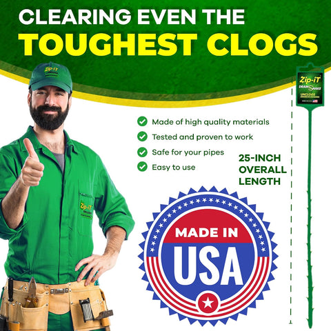 The original Zip-It Hair Clog Remover 25-inch Overall Length Drain Snake Cleaner (3-Pack), Unclog Your Sink, Shower, & Tub Drain In Seconds – Non-toxic, Made in the USA