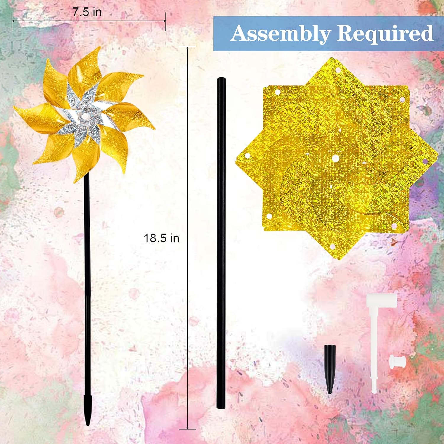 Hausse 10 Pack Reflective Pinwheels with Stakes (Assembly Required), Extra Sparkly Pin Wheel for Garden Decor, Bird Repellent Devices Deterrent to Scare Birds Away from Yard Patio Farm, Golden