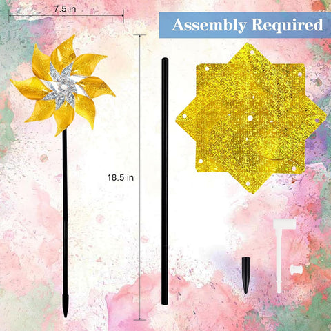 Hausse 10 Pack Reflective Pinwheels with Stakes (Assembly Required), Extra Sparkly Pin Wheel for Garden Decor, Bird Repellent Devices Deterrent to Scare Birds Away from Yard Patio Farm, Golden