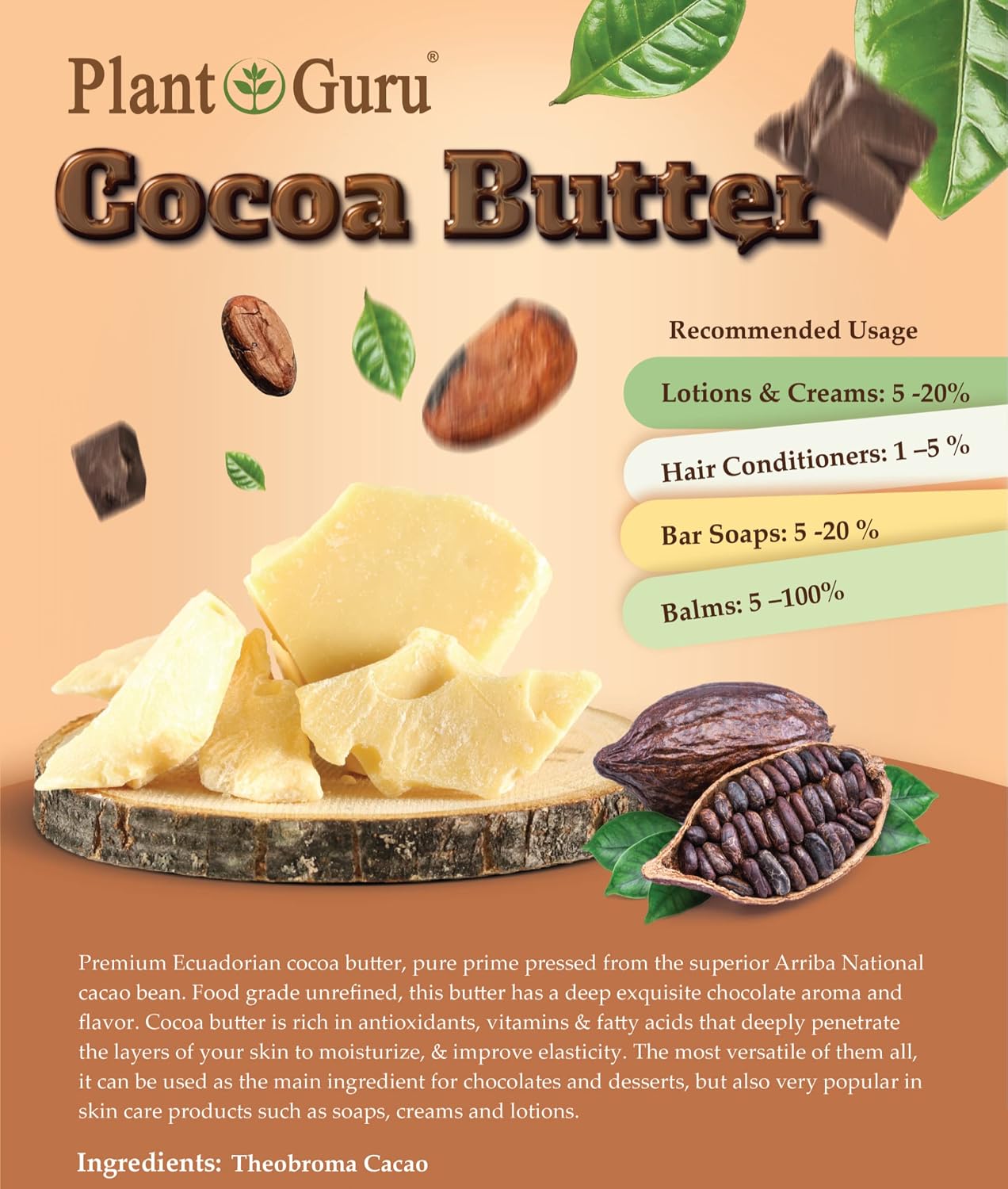 Plant Guru Raw Cocoa Butter 5 lbs. Bulk - 100% Pure Natural Unrefined FOOD GRADE Arriba Nacional Cacao Bean, Great For Chocolate Making, Soap, Lip Balm and Moisturizer For DIY Body Butters