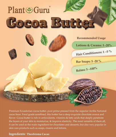 Plant Guru Raw Cocoa Butter 5 lbs. Bulk - 100% Pure Natural Unrefined FOOD GRADE Arriba Nacional Cacao Bean, Great For Chocolate Making, Soap, Lip Balm and Moisturizer For DIY Body Butters