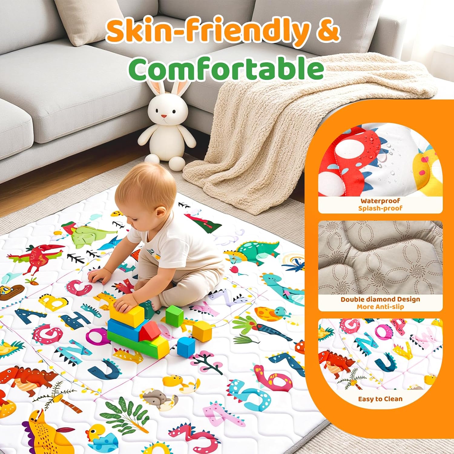 Baby Play Mat - Thicken 71x59 Inch Soft Foam Crawling Mat for Playpen & Floor, Non-Slip Waterproof Playmats for Infants & Toddlers, Portable Foldable & Machine Washable, Dinosaur & Letters