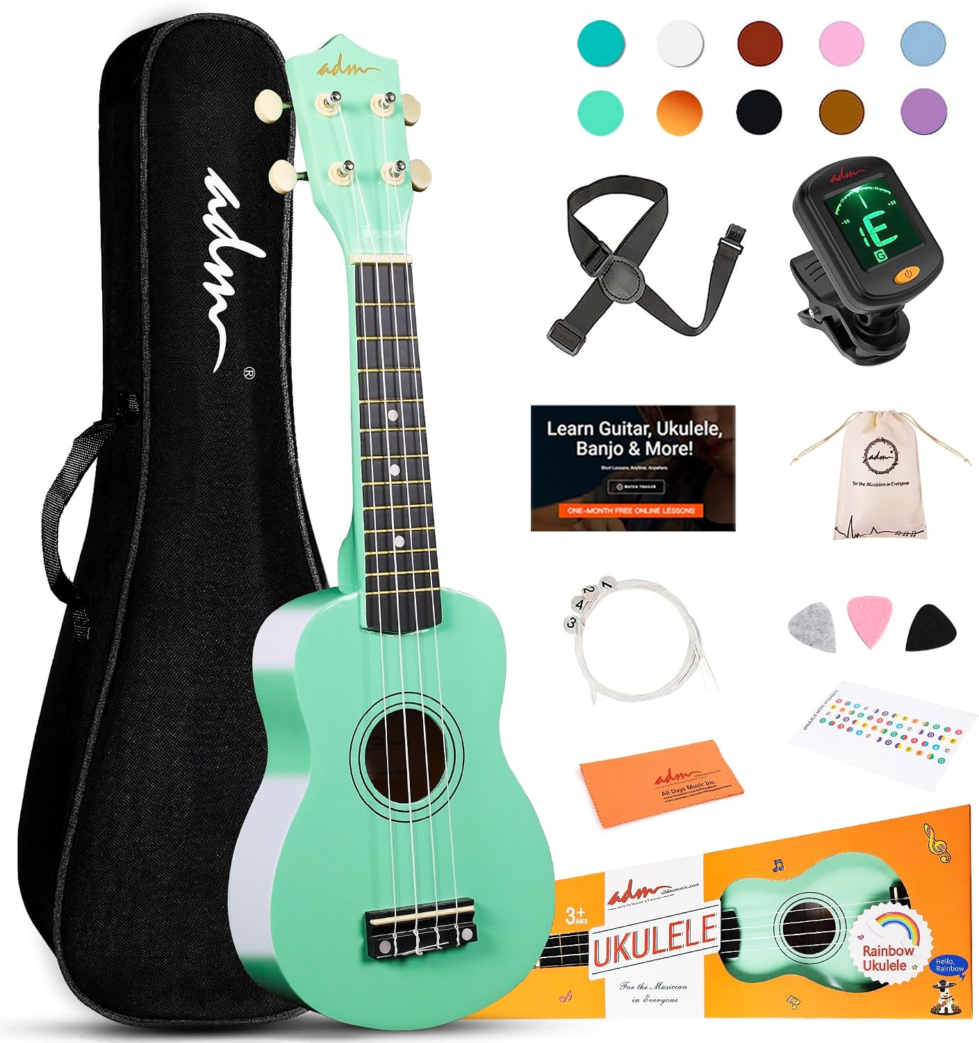 ADM Ukulele for Beginners Hawaiian Wood Ukelele Kit for Kids Adult Student Starter Professional Ukalelee Pack Bundle with Free Lessons Gig Bag Strap Nylon String Tuner (Cyan Green, 21 Inch)