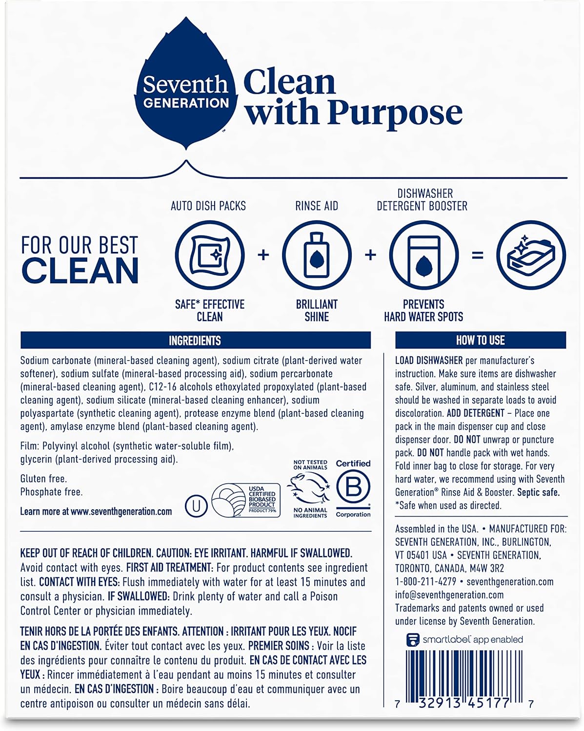 Seventh Generation Dishwasher Detergent Packs, Free & Clear, 45 Count, Pack of 2, Plant Powered Cleaning, Fights Greasy Reside & Stuck-On Food For Sparkling Dishes, Fragrance-Free & Septic Safe