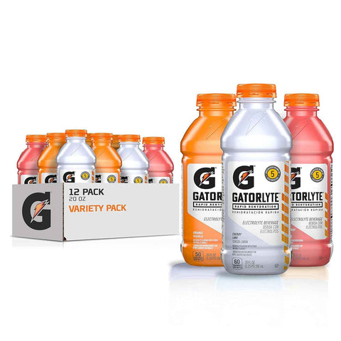 Gatorlyte Rapid Rehydration Electrolyte Drink, 3 Flavor Variety Pack, 20 fl oz Bottles (12 Pack), Specialized Blend of 5 Electrolytes, Lower Sugar, No Artificial Sweeteners, No Artificial Flavors, Gatorade, Hydration