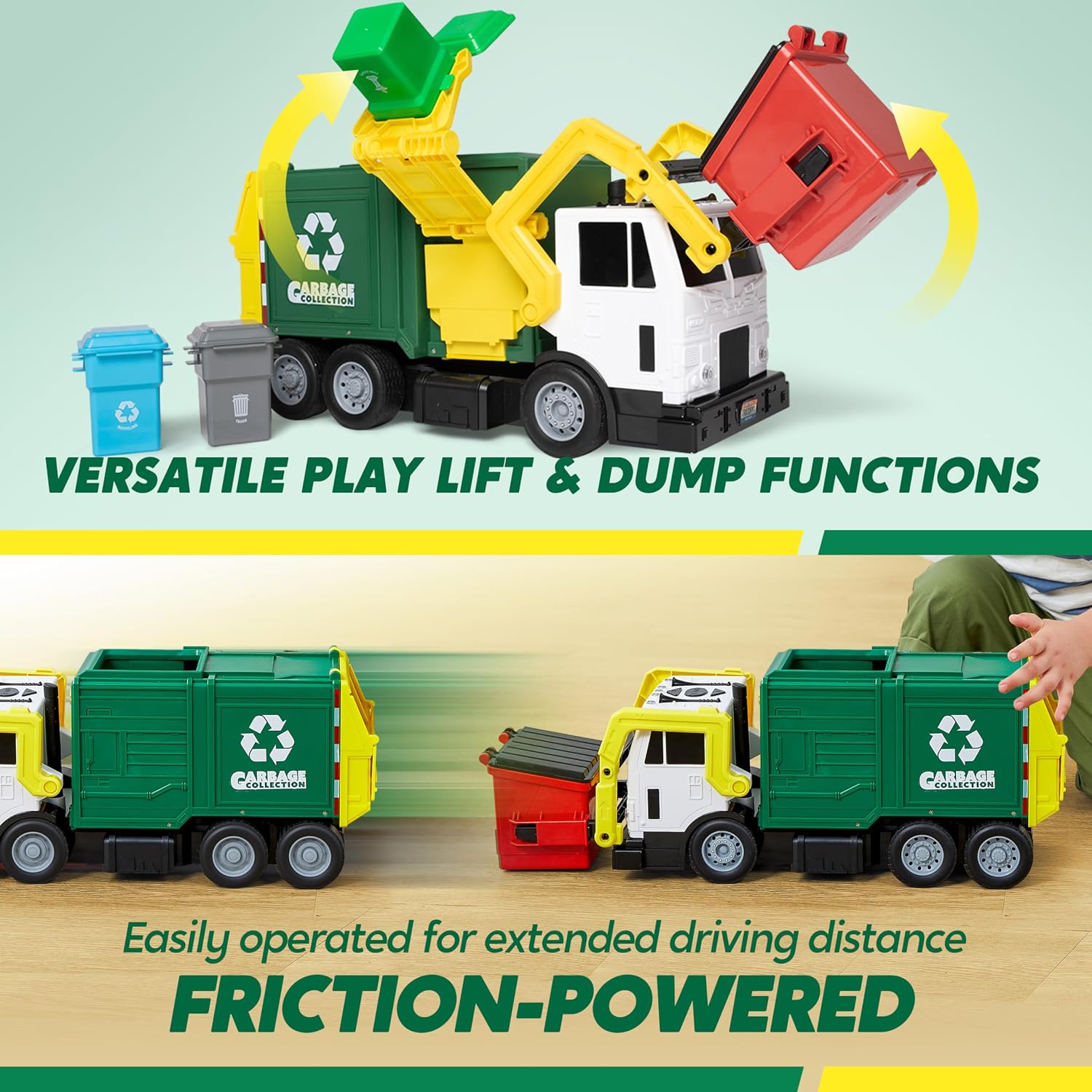 JOYIN Large Friction Powered Garbage Truck Toy Set, Includes 1 Dumpster, 3 Trash Bins, and 30 Learning Cards for Kids, Boy Toys Birthday Gift, Green