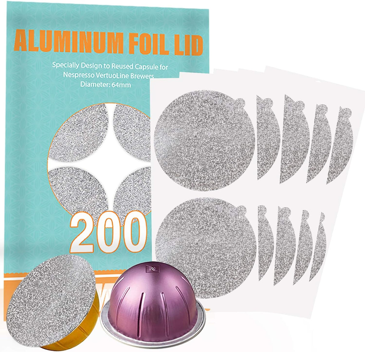 CAPMESSO Aluminum Foil Lids for Reusing All Nespresso Vertuo Pods,200/Pack