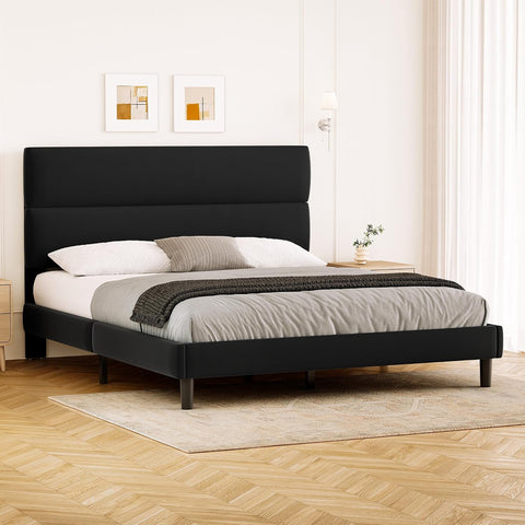 GRUSIGN Queen Size Platform Bed Frame with Velvet Headboard, Adjustable Height Wooden Slats Support, Upholstered Mattress Foundation, Fits Mattress or Mattress with Box Spring, Easy Assembly, Black