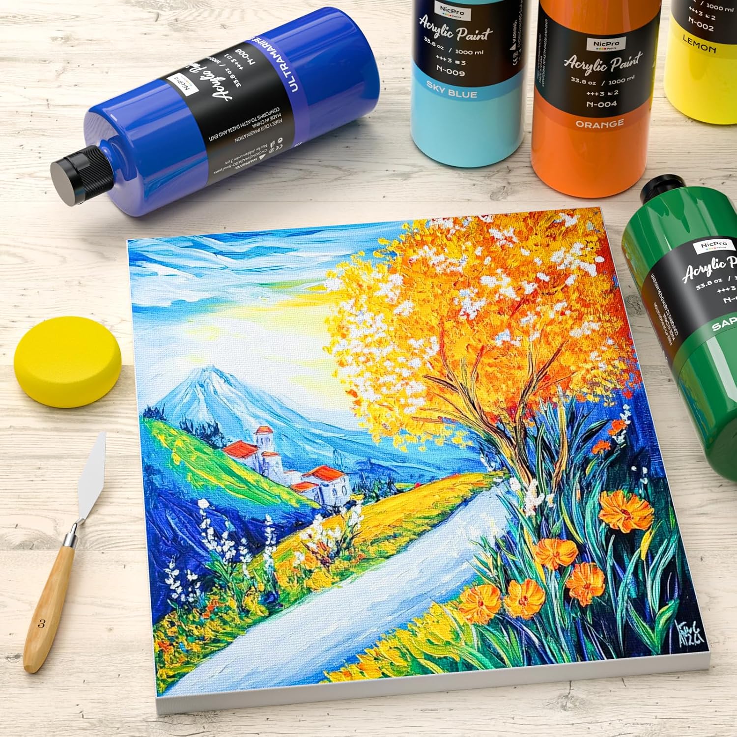 Nicpro 14 Colors Large Bulk Acrylic Paint Set (33.8 oz, 1000 ml) Rich Art Painting Supplies, Non Toxic for Multi Surface Rock Canvas Wood Ceramic Leather Fabric Craft for Adult with Color Wheel
