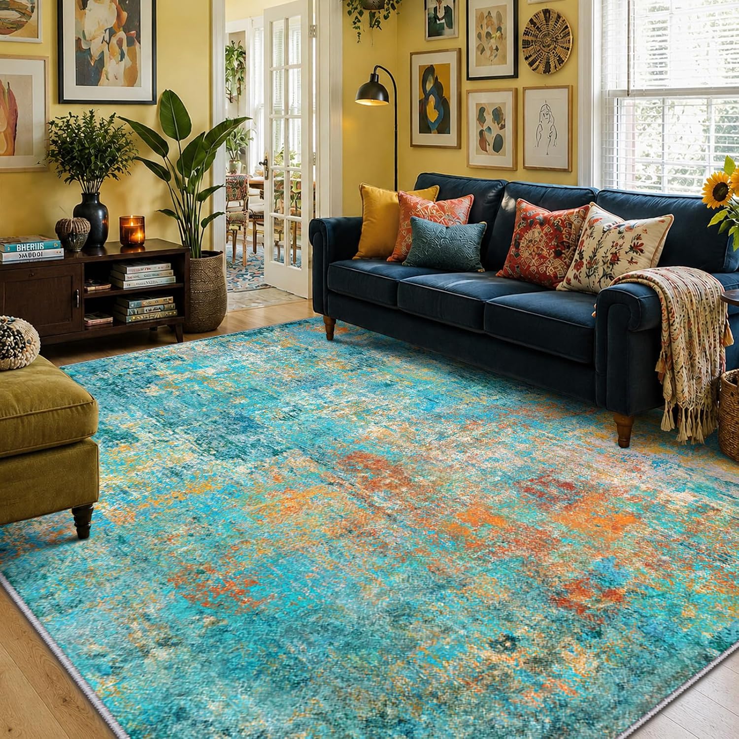 RELEANY Washable 8'x10' Abstract Area Rug for Living Room Teal Multi