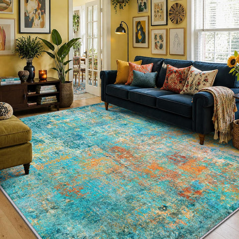 RELEANY Washable 8'x10' Abstract Area Rug for Living Room Teal Multi