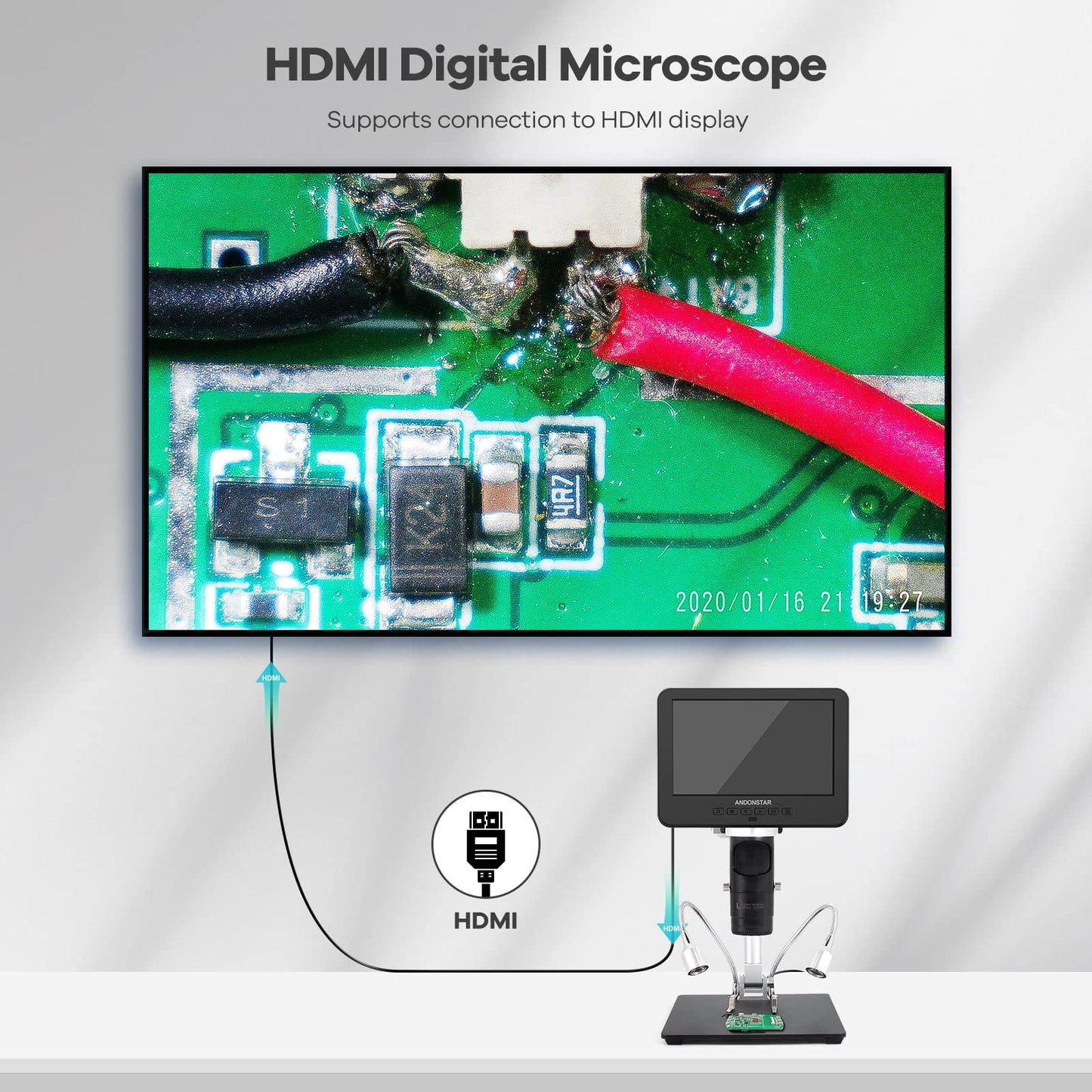 Andonstar AD246S-M HDMI Digital Microscope 2000x for Adults, 3 Lens 2160P UHD Video Record, 7 Inch LCD Soldering Microscope, Coin Microscope, Biological Microscope Kit, Windows Compatible