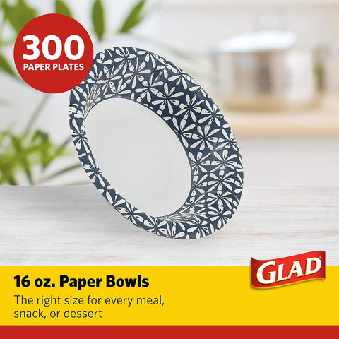 Glad Round Disposable Paper Bowls, Blue Mosaic, 16 Oz, 50 Count, 6-Pack