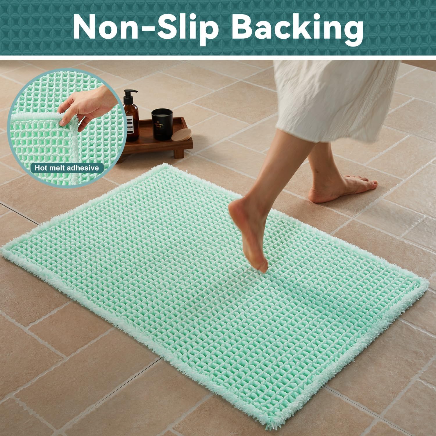 Triohero Waffle Bath Mat, Boho Bathroom Rugs Non Slip, 24x36 Sea Foam Blue