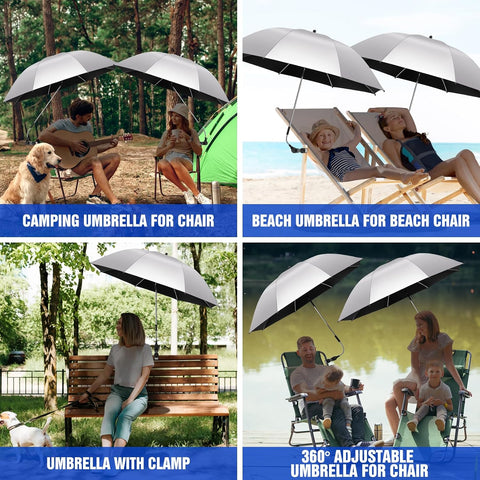 2 PACK Beach Umbrella with Clamp, 360 ° Adjustable Umbrellas for Chair, UPF50+ Umbrella for Beach Chair, Patio Chair, Wheelchair, Camping Chair, Golf Carts (Chair Not Included)