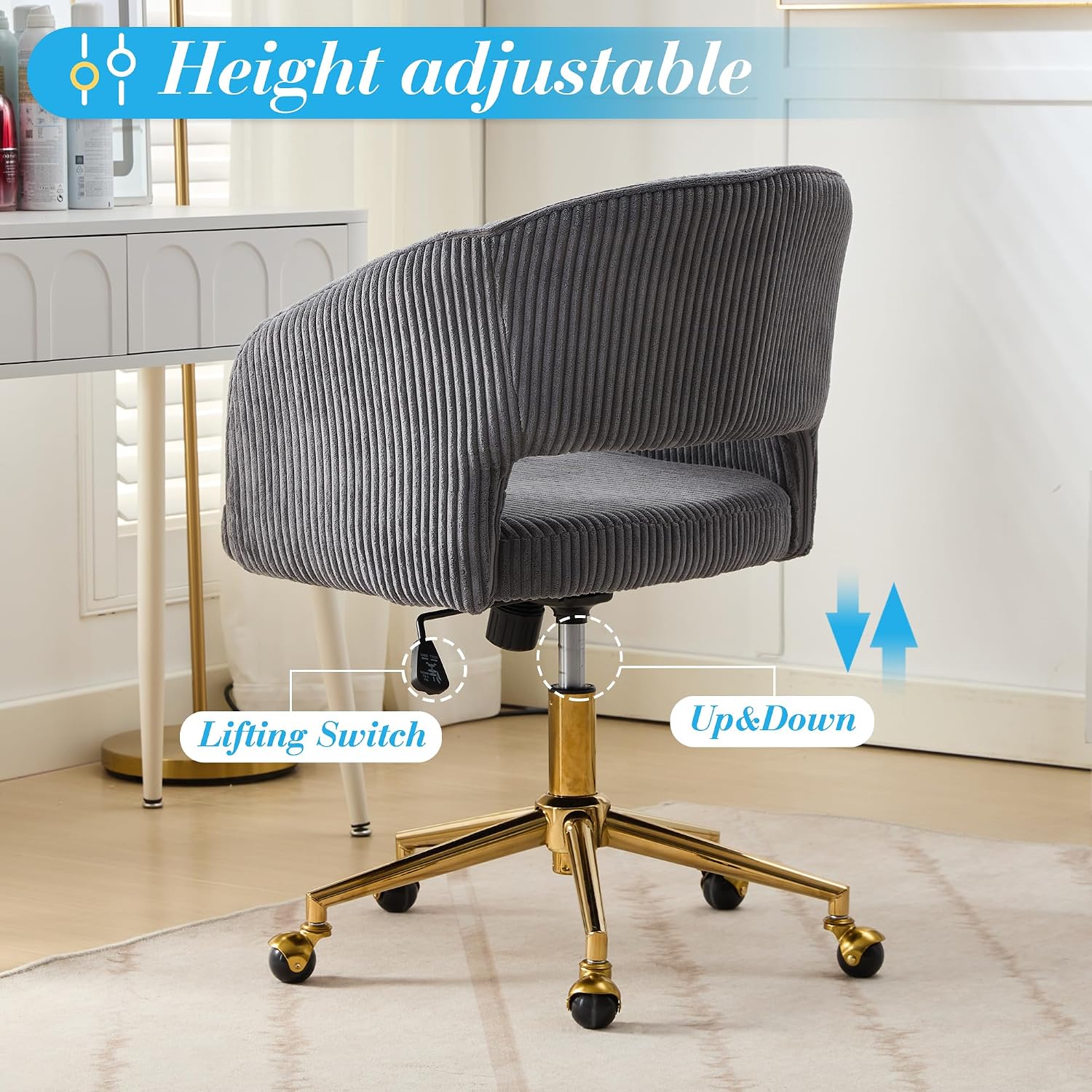 KCC Vanity Chair Corduroy Desk Chair with Gold Base for Living Room,Gray